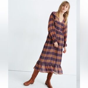 Madewell Sheer Plaid Full-Sleeve Ruffle Dress